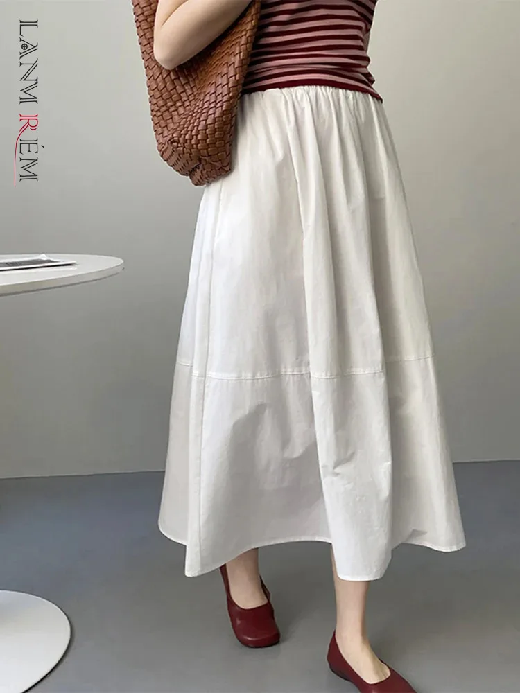 

[LANMREM] Elastic High Waist A-line Skirts For Women Solid Mid-length Korean Style Skirt Fashion 2024 Summer New 26D8818