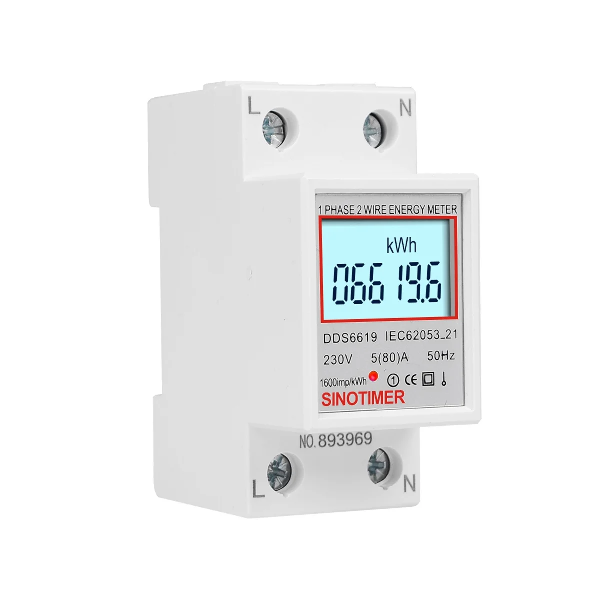 SINOTIMER DDS6619-006 Backlight Display Single-Phase DIN Rail Type Watt-Hour Meter 2P Electronic Watt-Hour Meter 5(80)A 230V