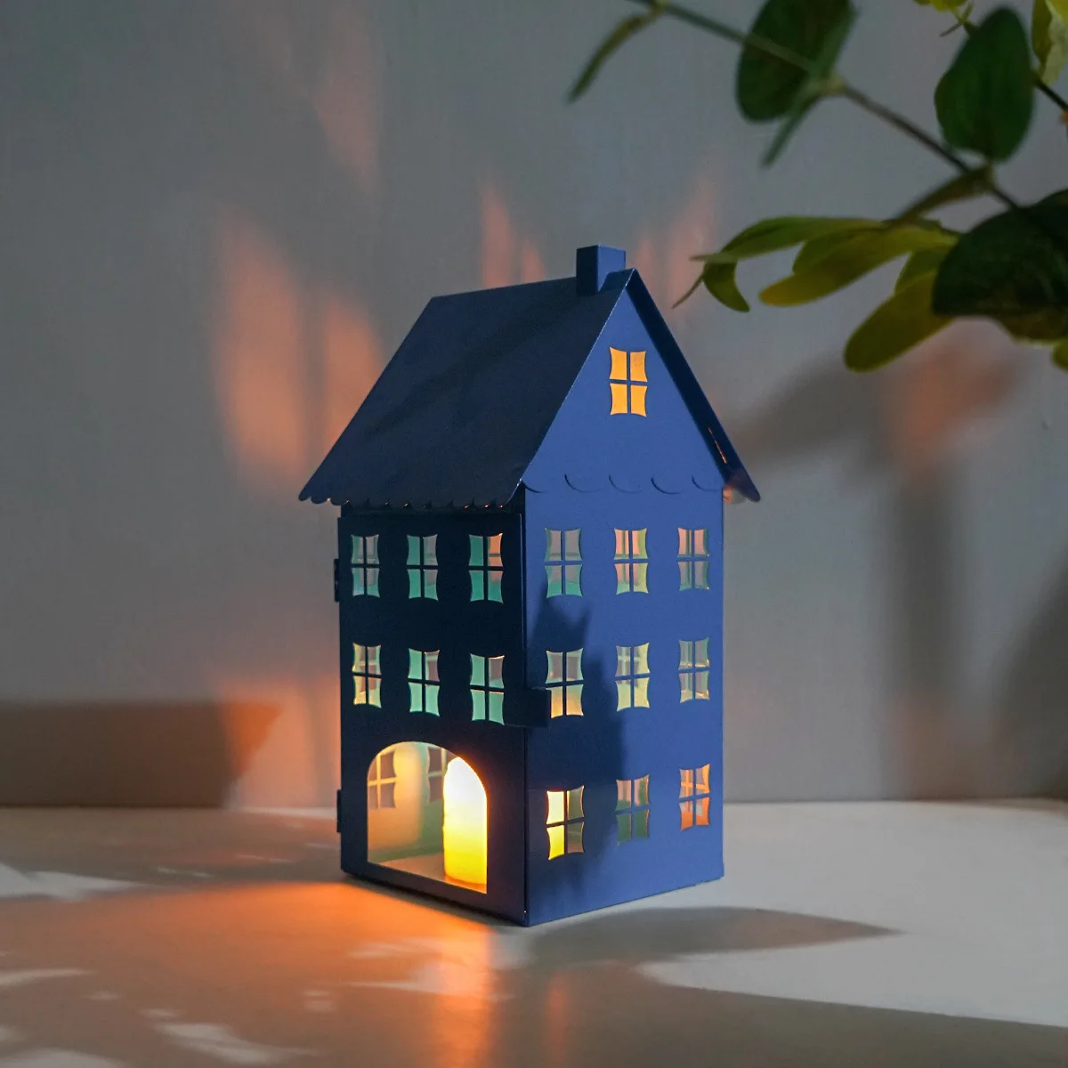 Nordic Blue Small House Candlestick, Hollowed-out Ironwork Wind Lamp, Candlestick, Courtyard Furniture Ornaments And Handicrafts