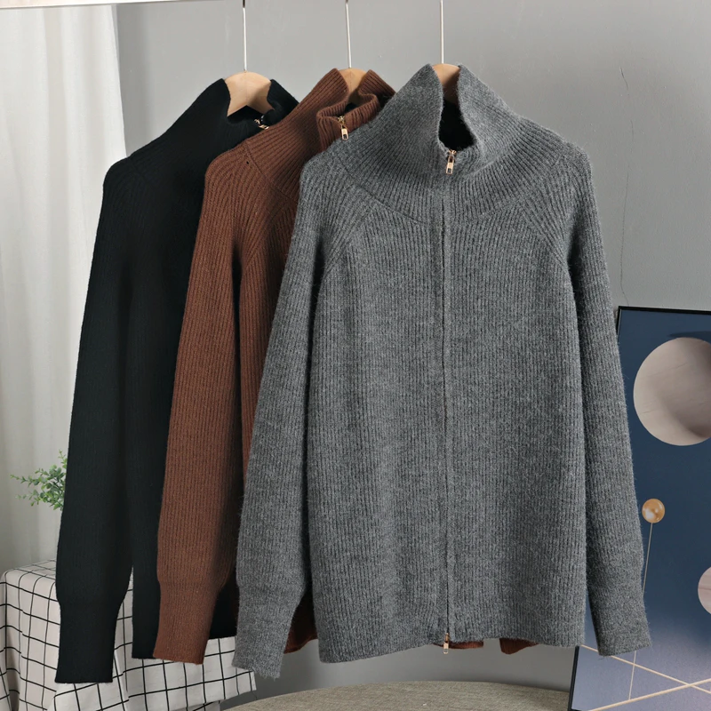Zipper Cardigan for Women's Sweater Y2k Autumn Winter Knitted Top Blouse Button Up Collar Warm Thicken Women Coat Soft Jacket