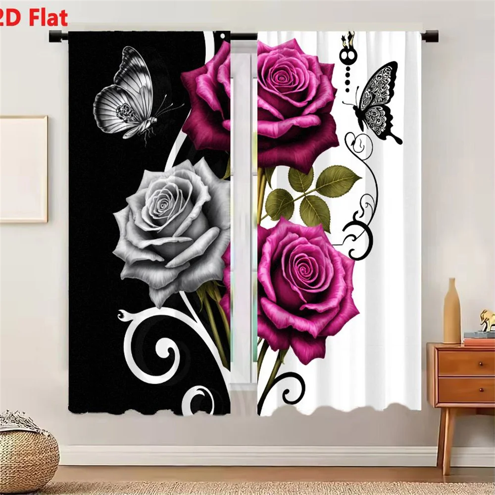 2Pcs Curtains 2D Flat Black And White Split Background With Magenta Grayscale Roses And Butterflies Floral Arrangement Artistic