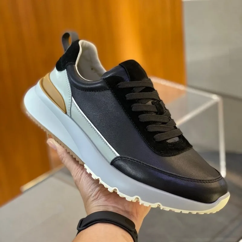 

New casual men's shoes, leather color matching fashion trend travel running shoes, soft-soled shock-absorbing sports shoes