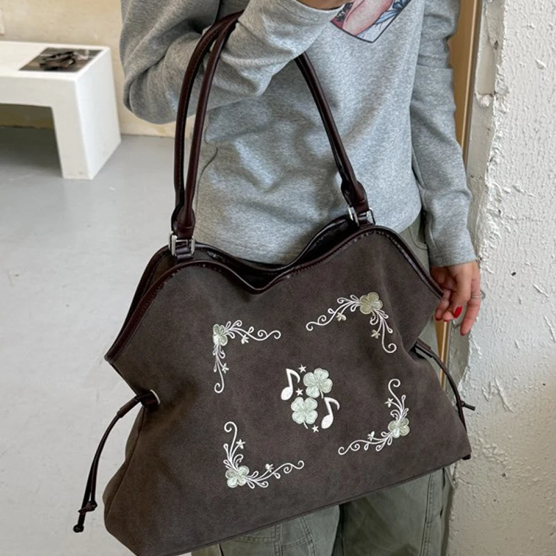 Koreanische Umhängetasche mit Kordelzug, ethnische Blumen- und Musiknoten-Stickerei, große Handtasche für Damen, Vintage-Handtasche für den Winter. – Detail 14