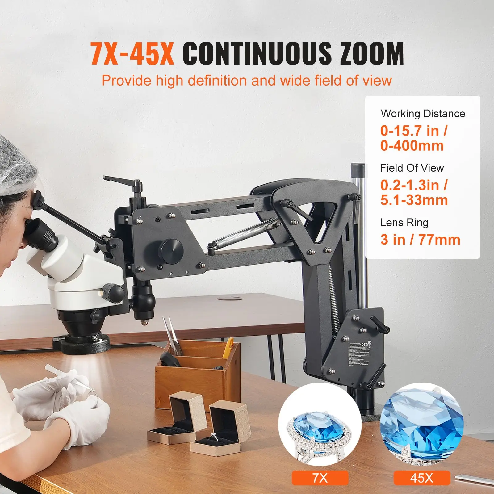 Multi-Directional Microscope with Spring Bracket, 7X-45X Magnification Jewelry Microscope, Micro Jewelry Inlaid Stand with Integ