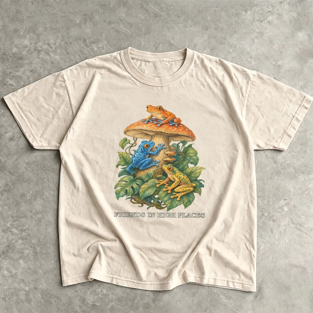 FRIENDS IN HIGH PLACES Vintage Nature Forest Graphic Print Women TShirt Goblincore Frog Mushroom Theme Fall Casual Short Sleeve