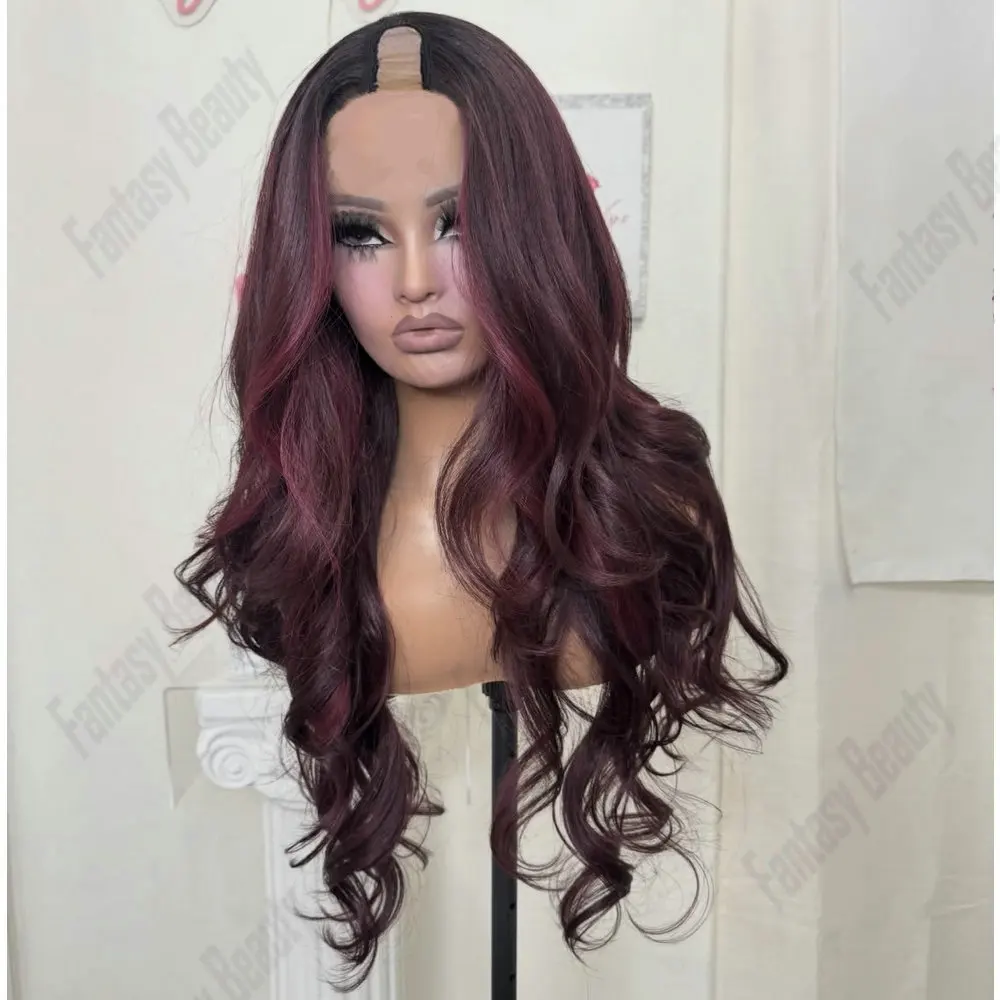 

Adjustable U Part Wig Human Hair Natural Loose Wave Burgundy Red 1*4Size V Part Wig Remy Peruvian Hair Easy Wear for Black Women