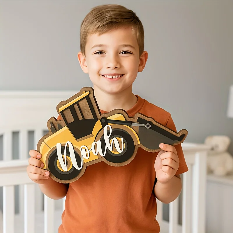 شعار خشبي مخصص/اسم - ديكور جدار غرفة الطفل تحت عنوان جرافة مع لوحة اسم مخصصة (سهلة التركيب)