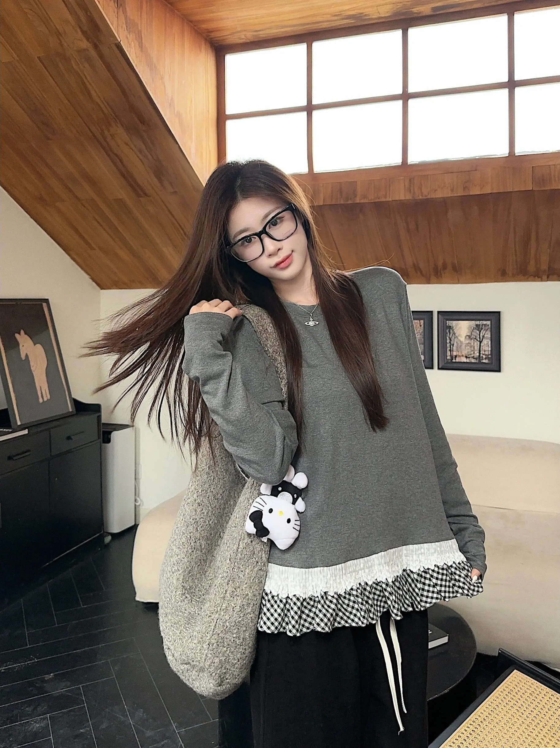 Faionable Long Sve damesbasis irt romantisch kantontwerp vrolijk patroon casual sle winterseizoen ronde ne top