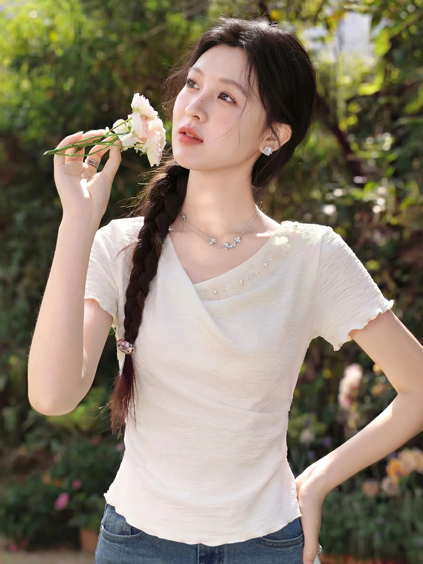 South Deer Cloud Fleece Wander Apricot Women's T-shirt Summer New Design Sensation Short Sleeve Elegance Top Casual Style