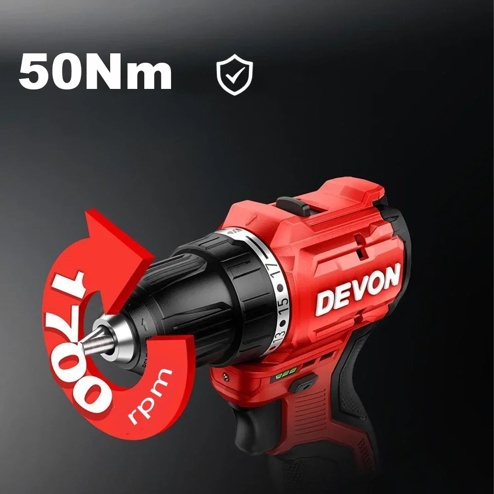 DEVON 5208 Wireless Electric Drill Rechargeable Brushless 12v 50Nm 1700rpm Dual Speed Torque Adjustable Share Battery Platform