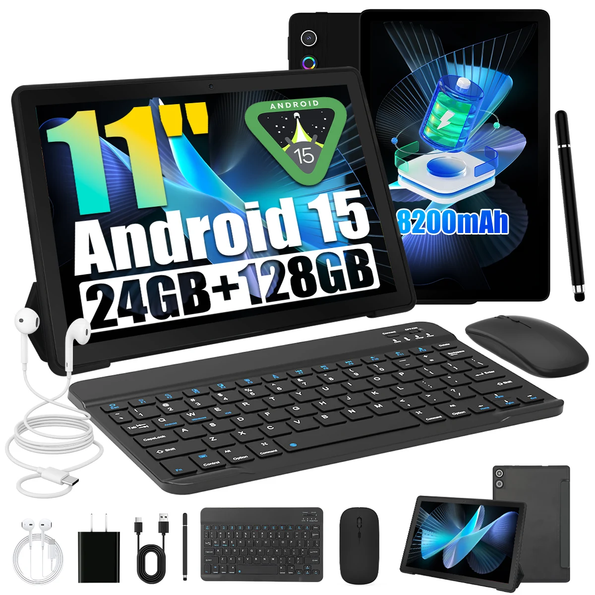 A7L Android15 Tablet 11 Inch HD 1280*800 Display 24GB(4+20GB) RAM 128GB ROM A523 Octa‑Core 8200mAh WiFi Face Unlock Bundle with Keyboard Mouse Case Stylus Pen Headphones