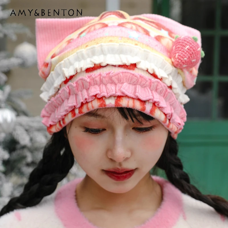 

Japanese Original Design Fruit Cake Print Women's Hat 2025 Autumn Winter New Sweet Cute Y2k Versatile Warm Splicing Hats Ladies