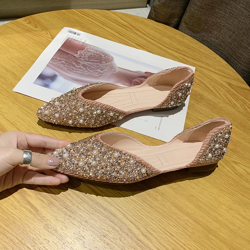 Fashion Pearl Flats Party Spring Summer Pointed Toe Slip on Sexy Lady Loafers Sandals Rhinestones Women Flat Heel Crystal Shoes