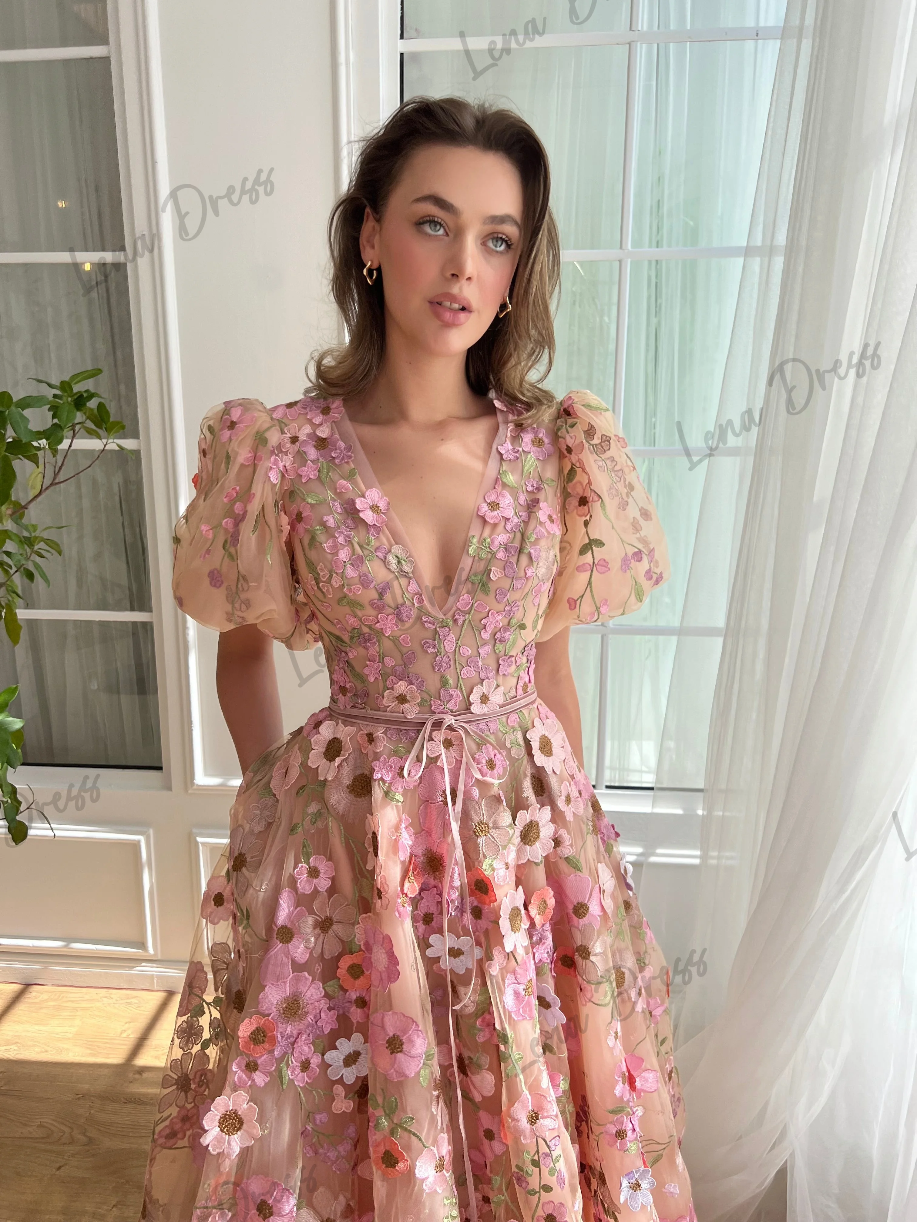 Lena-Flower printed sheer evening dress 2024 short sleeved V-neck formal party dress