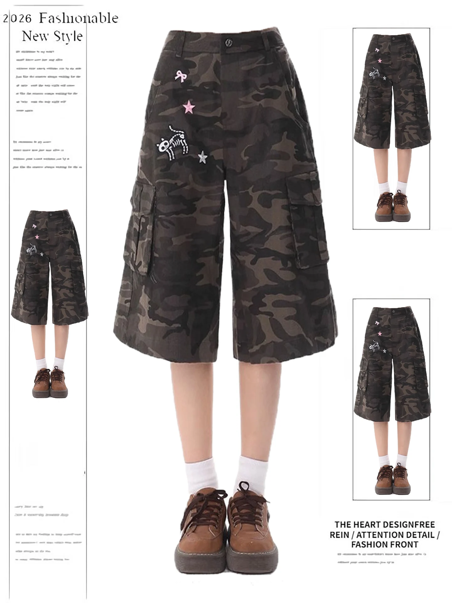 

American Sle Camouflage Workwear orts Women's Summer New Design Multi-ket Loose Mid-Length Five-ket Pants