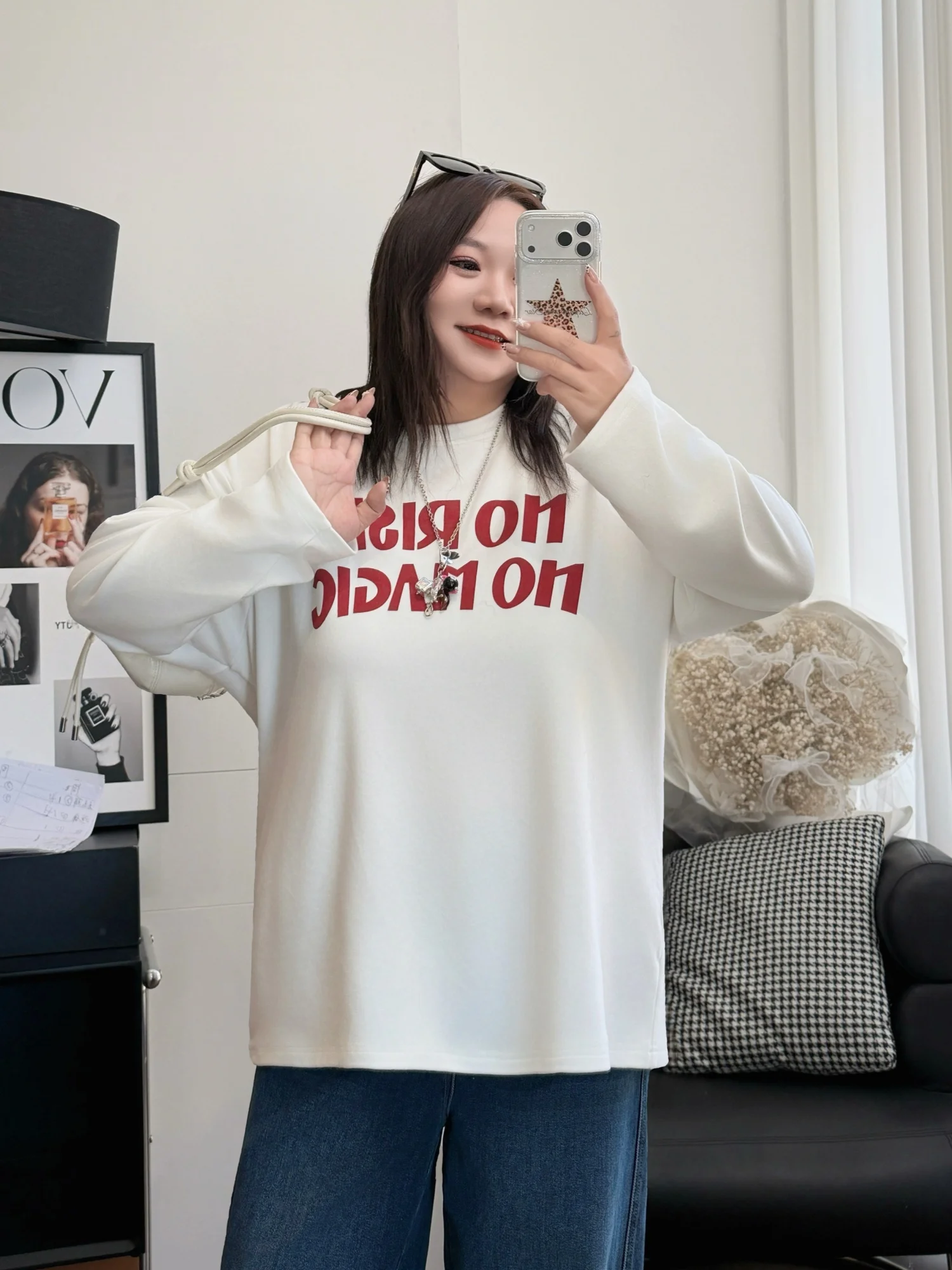 

plus Size Women's Minimalist Style Letter Print Fleece Lined Long Sleeve Base Shirt Spring 2026 New Arrival Commute Friendly