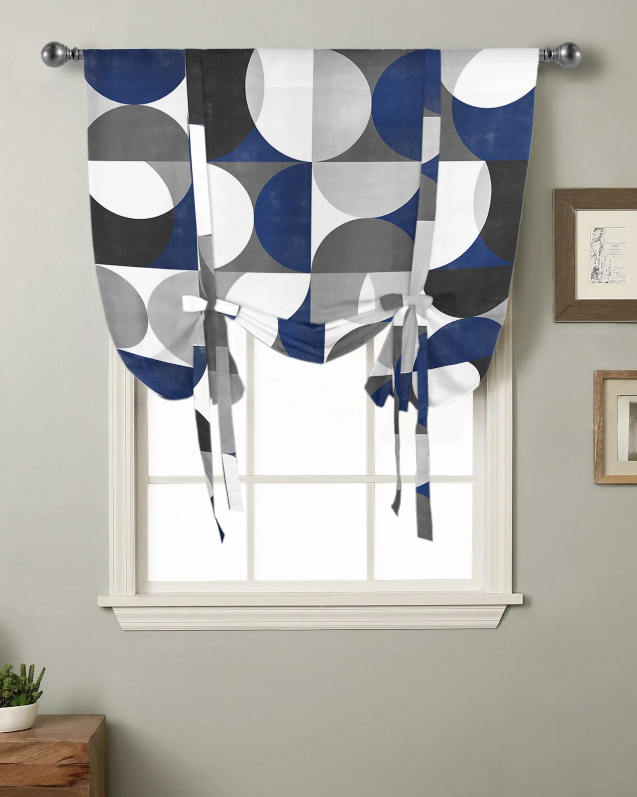 

Nordic Retro Medieval Geometric Abstract Blue Kitchen Short Window Curtain Modern Home Decor Small Window Roman Tie Up Curtains