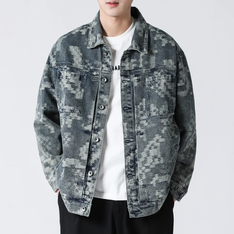 

2025 Spring New Men's American Vintage Denim Jacket - Oversized Camo Print Casual Coat (Trendy Streetwear) Camouflage