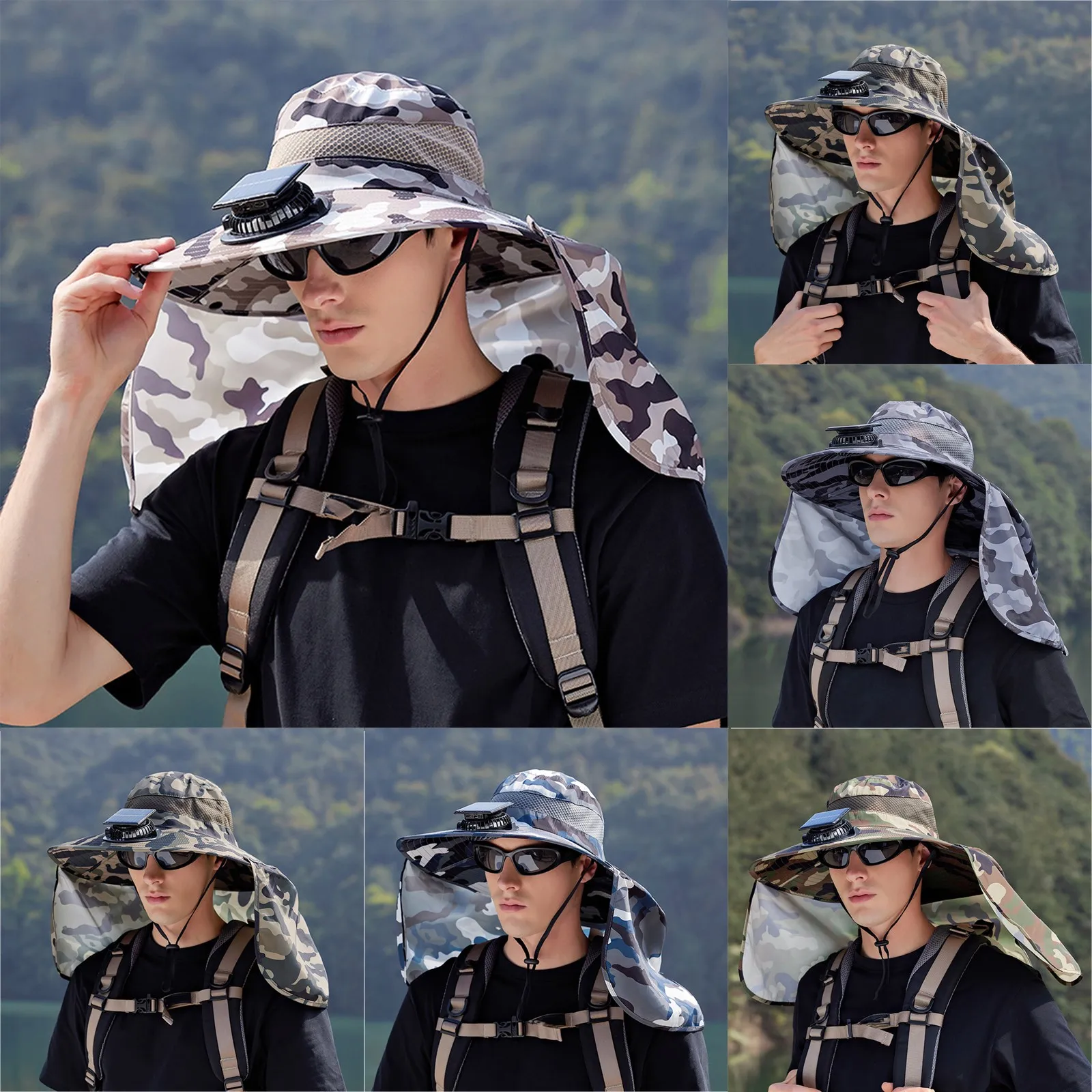 Outdoor Mountaineering Sun Hat with Extra-Large Brim and Solar-Powered Fan Men Hiking Fishing Sun-Protective Hats