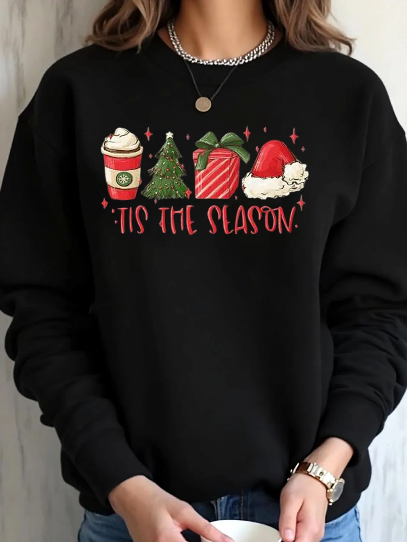

Women Oversized Sweatshirt Christmas Coffee Tree Gift Hat Tis The Season Print Outdoor Wear