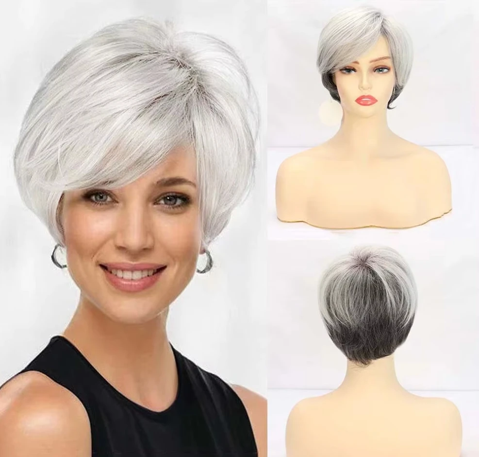 

Synthetic Wigs for Women Short Pixie Cut Wig with Bangs White Gradient Gray Wigs Ladies Daily Fake Hair