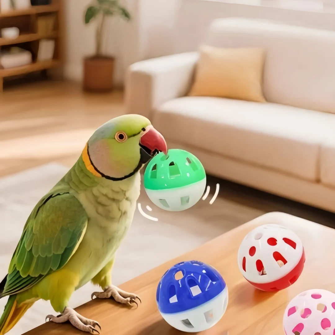 5 Stück Plastik-Spielbälle für Haustiere, Papageien und Katzen, Farbige Hohle Glockenbälle, Kauspielzeug für Vogelkäfige, Interaktives Spielzeug für Haustier-Vogelzubehör – Detail 2
