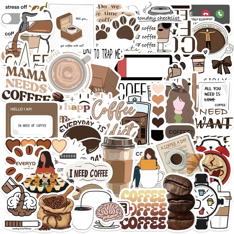 10/30/50PCS Cartoon Coffee Colored PVC Sticky Sticker Aesthetic DIY Decoration Scrapbooking Phone Hand Accounting Supplies