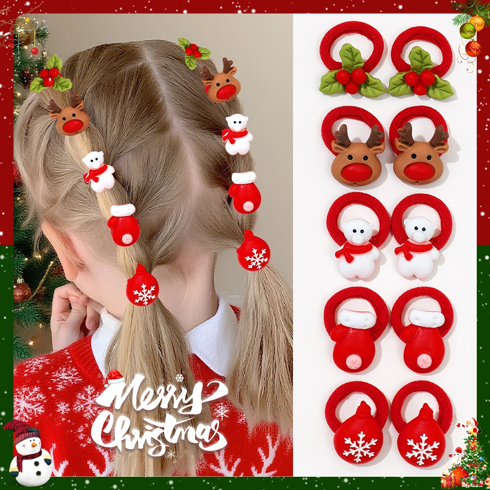 10-Pack Girls Hair Ties Cute Christmas Design with Santa Reindeer Tree Snowman - Hair Accessories Gifts for Girls for New Year image 3