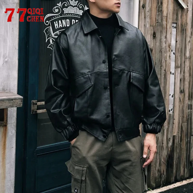 

PU Leather Jacket Men Black Soft Faux Leather Big Pockets Motorcycle Biker Bomber Jackets Fashion Leather Coats Male Chaquetas