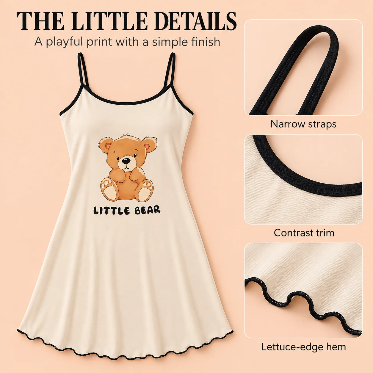 Women's Little Bear Print Cami Nightgown Spaghetti Strap Sleep Dress with Contrast Trim and Lettuce Hem Summer Loungewear S-XL