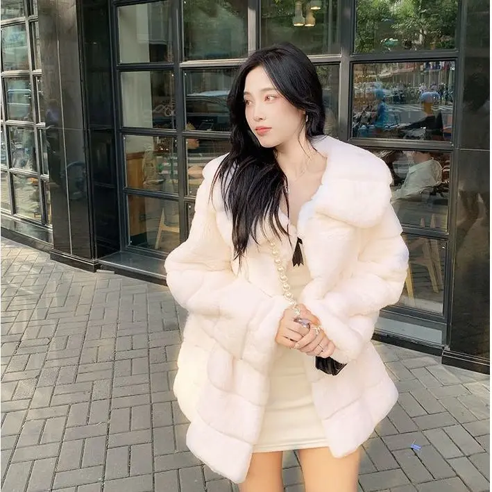 Korea Fake Fur Winter Women Solid Faux Fur Coat Casual Long Sleeve Fleece Jacket Female Turn Down Collar Long  Coat Outerwear