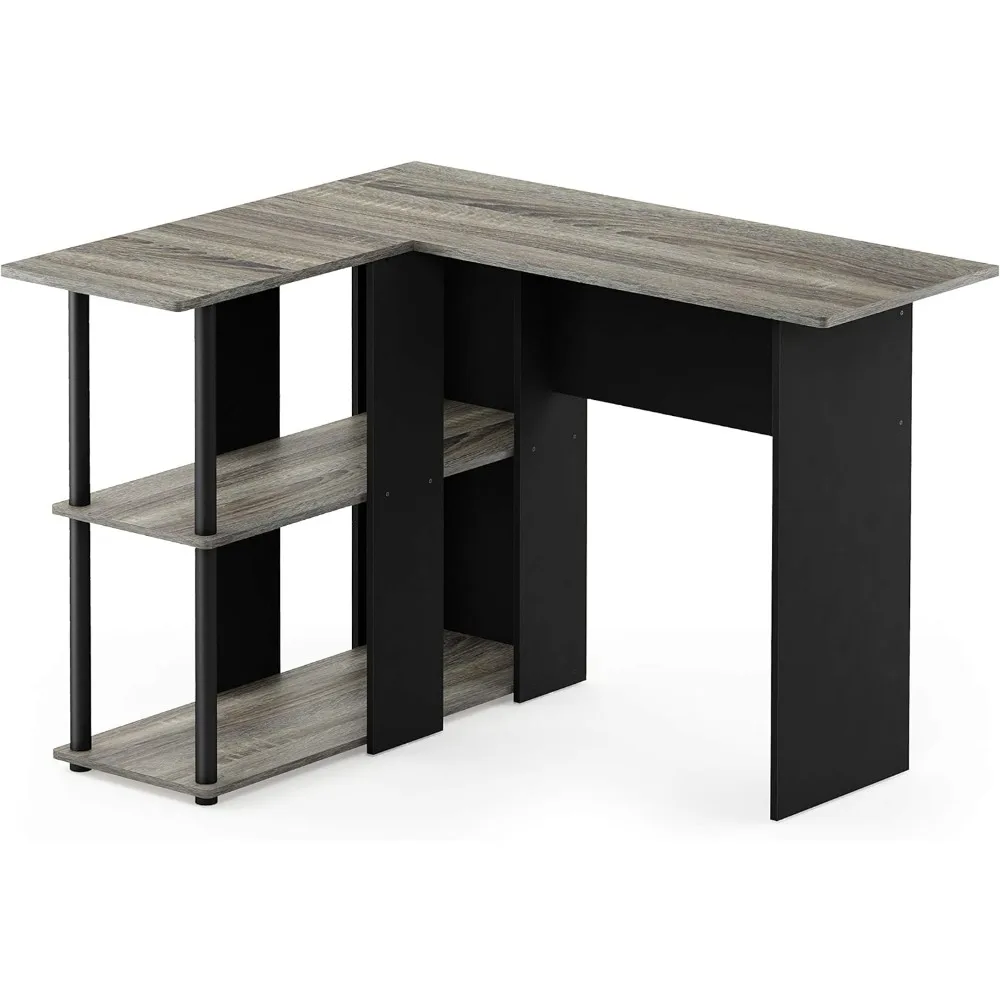 مكتب كمبيوتر زاوية على شكل حرف L مع رف كتب، رمادي/أسود من خشب البلوط الفرنسي - أثاث مكتبي موفر للمساحة #6