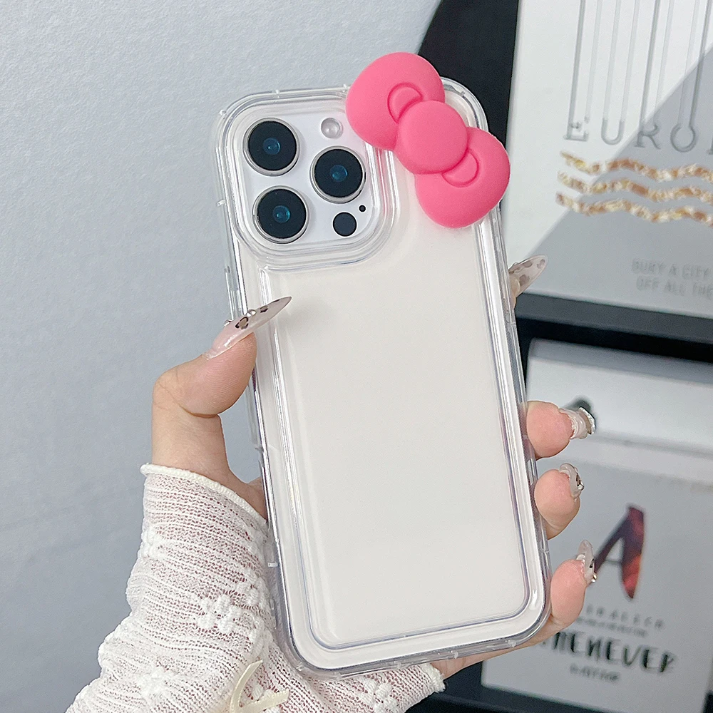 Lovely 3D Bow Clear Soft Phone Case For iPhone 16 15 14 Pro Max 13 12 11 Mini 7 8 Plus X XR XS Max SE Transparent Cover