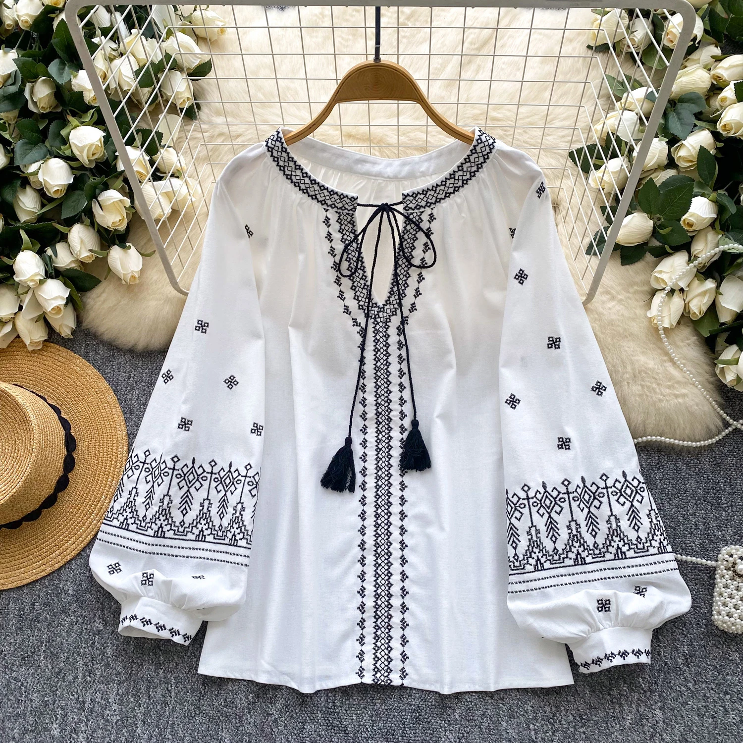 

Retro Embroidered Lace-up O-neck Women Blouses Loose Casual Versatile Holiday Top Lantern Sleeve Commuting Female Shirt
