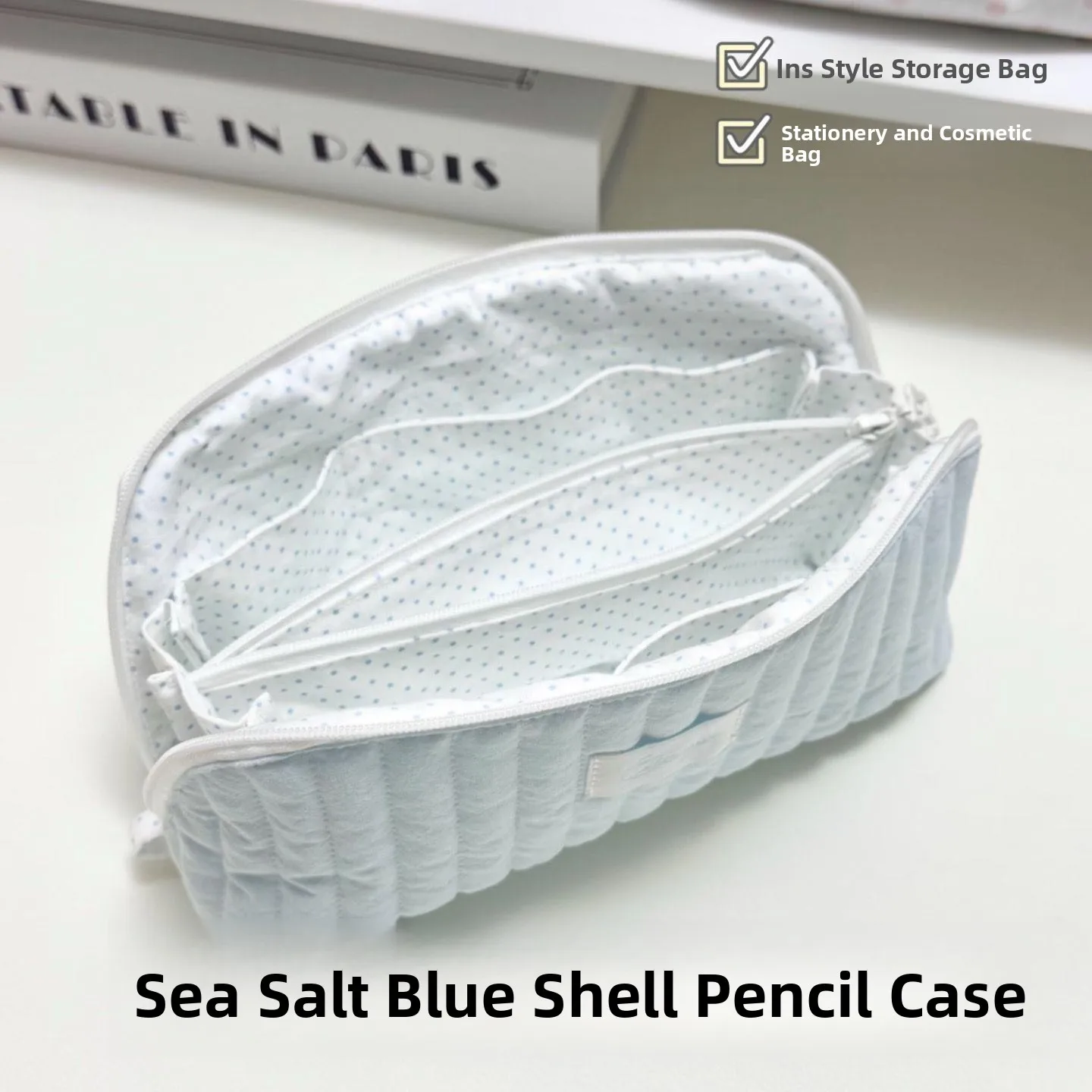 Large Capacity Soft  Salt Blue  Pencil Case Korean Style INS Girl Heart High Aesthetic Stationery Storage Bag