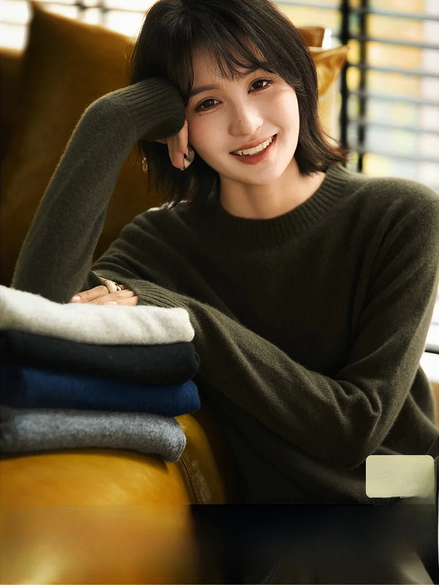 

Five-Color Camere Knitted round Ne Women's Top Soft Camere Yarn Ele Sle Long Sve Warmth Emitting Casual Fit