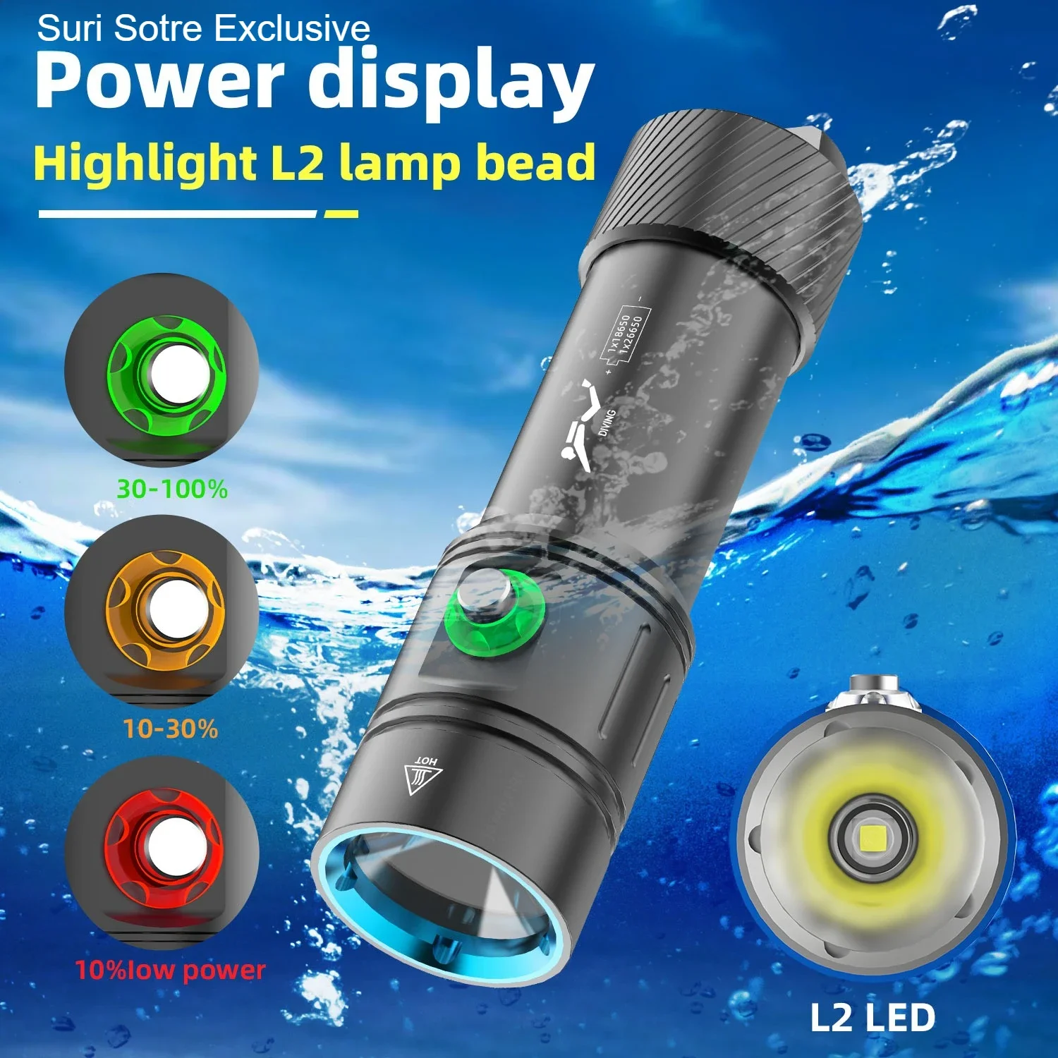 Professional diving L2-2000LM LED diving flashlight super bright IPX8 waterproof flashlight underwater 200M fishing flashlight