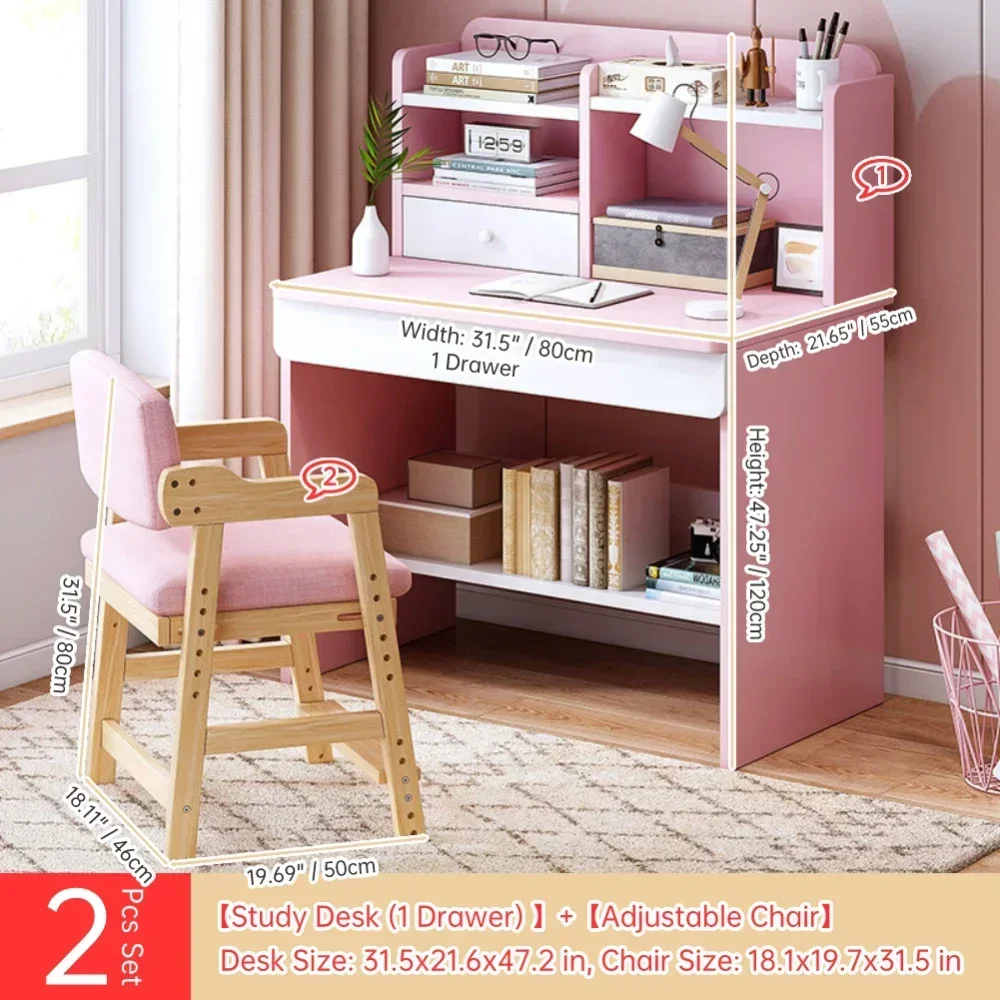 Wooden Kids Study Desk and Chair Set 2Pcs Writing Computer Office Table for School Students Adjustable Chair Storage Cabinets