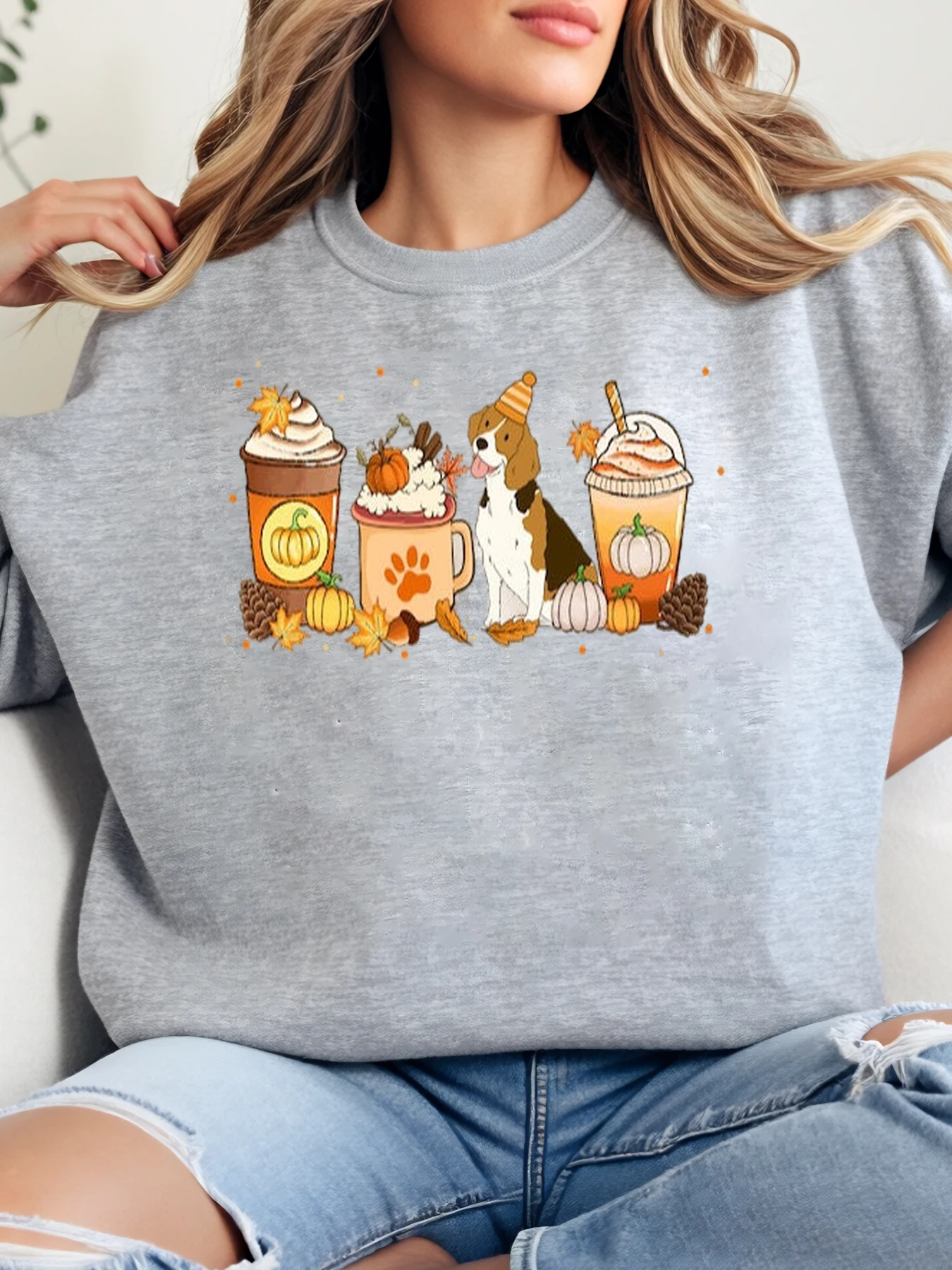 

Толстовка с круглым вырезом и принтом тыквы, собаки, кофе, кофе, женская осенняя повседневная одежда, серый, больших размеров
