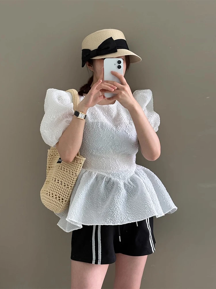 

Liangliang Home Design 3D Relief Bubble Sve irt Summer New Ba Bow Tie Lace Trim Top Korean Sle Slim Fit ort Sve