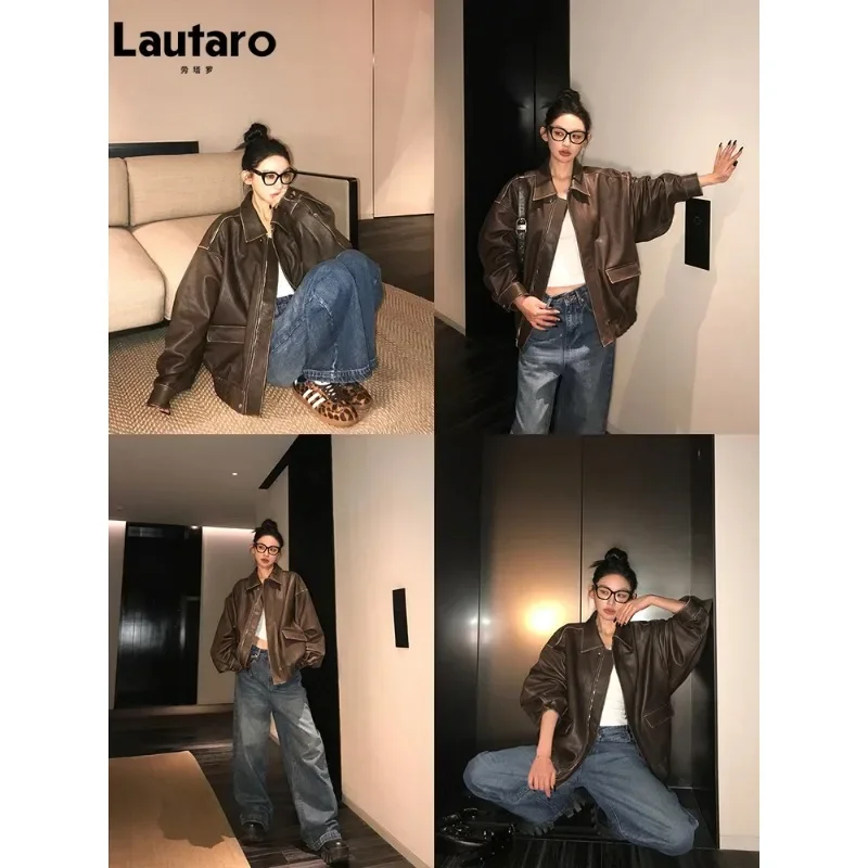 Lautaro Frühling Herbst cool gut aussehend Retro übergroße notleidende braune weiche Kunstleder jacken für Frauen Reiß verschluss Runway Mode