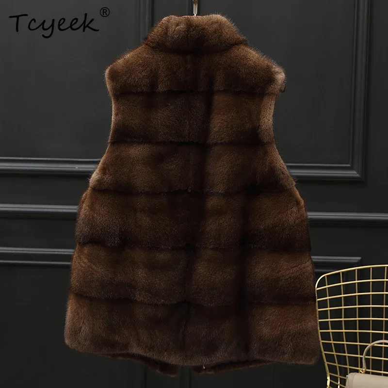 Tcyeek Gilet di Pelliccia di Visone Naturale Delle Donne 2025 Autunno Inverno Vestiti di Media Lunghezza Gilet di Pelliccia Reale per la Donna Visone Intero Nuovo in Capispalla