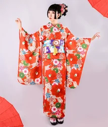 Ladies Kimono Bathrobe Sakura Crane Shake Sleeve Kimono Dress Female Polyester Print Retro Travel Clothing