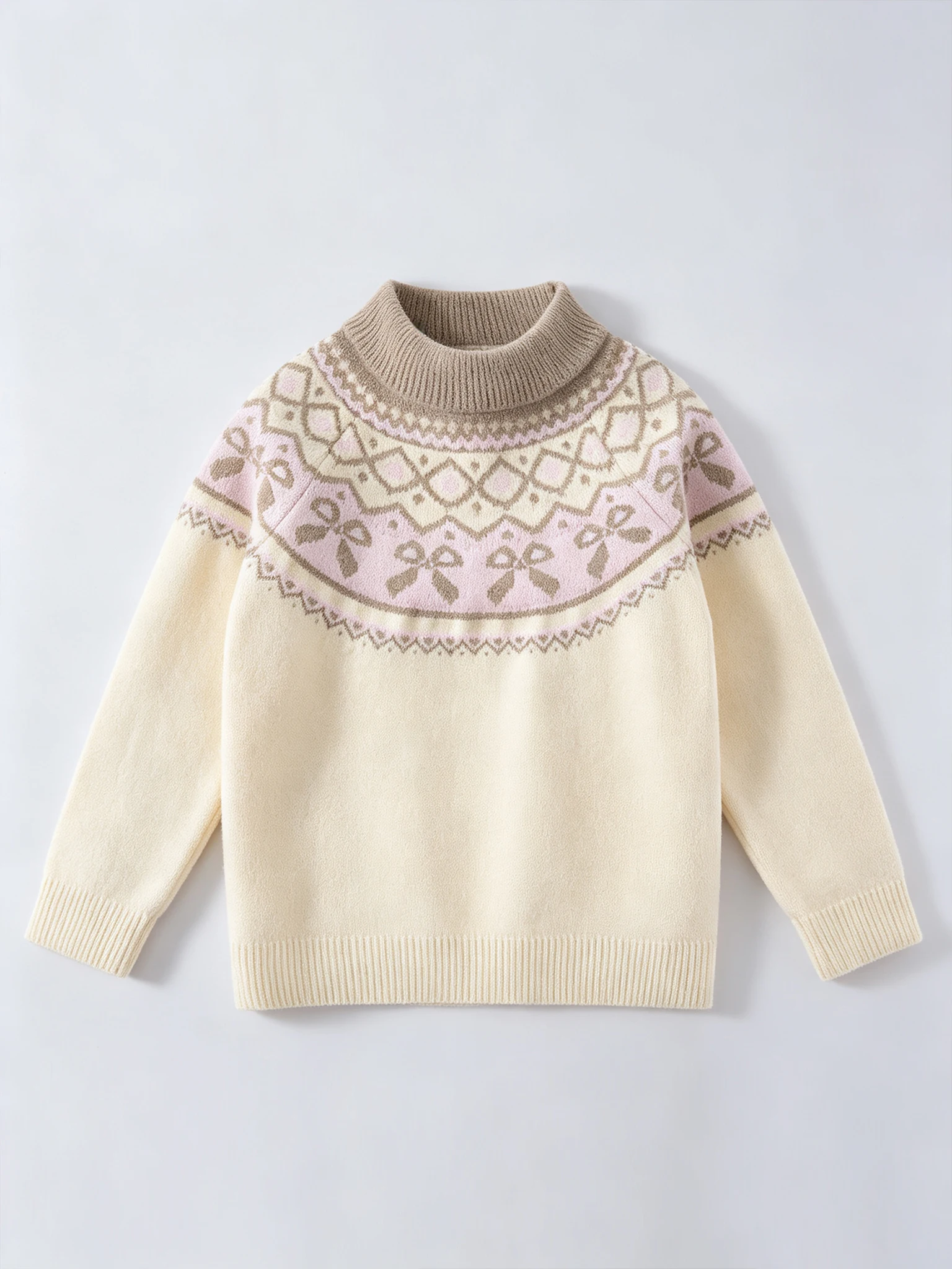 New Arrival Girls' Fair Isle Jacquard Sweater for Autumn & Winter, Pink Bow Knit Top for Older Kids