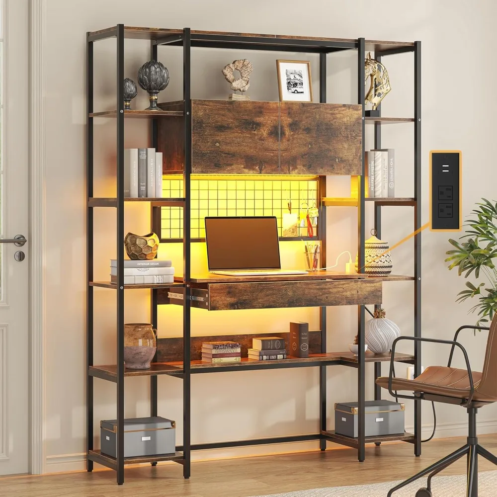

"rustic 5-shelf bookcase with home office desk, rgb lighting, and power outlet, 71.1" high bookshelf with drawer and storage cab