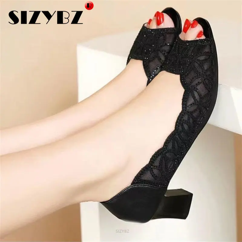 Open Toe Pumps Black High Heels Dress Shoes Summer Sandals Square heel White Wedding Shoes Hollow Out Pumps Peep toe Boat Shoes