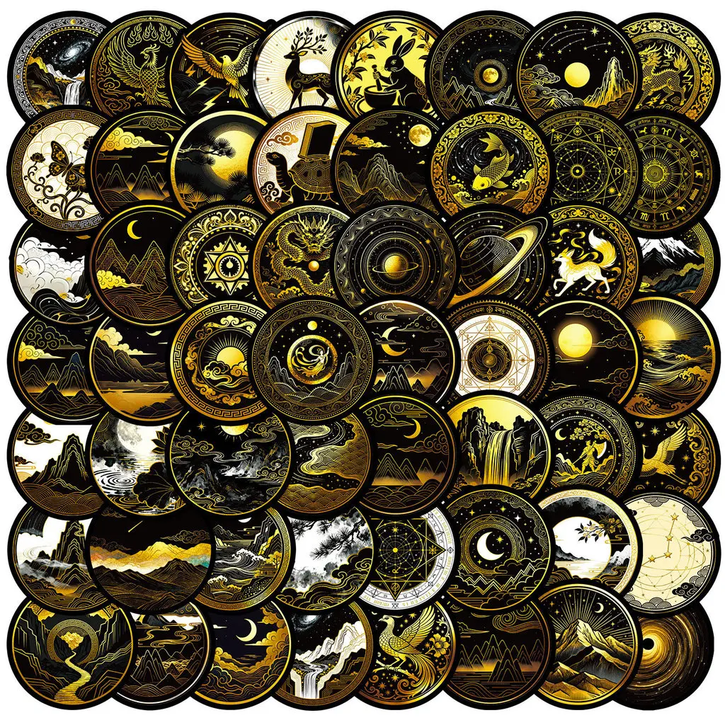 

56Pcs New Black-Gold Celestial Cartoon Graffiti Stickers - Dark Style Niche Decor Decals for Luggage Journals Anime Worlds Store
