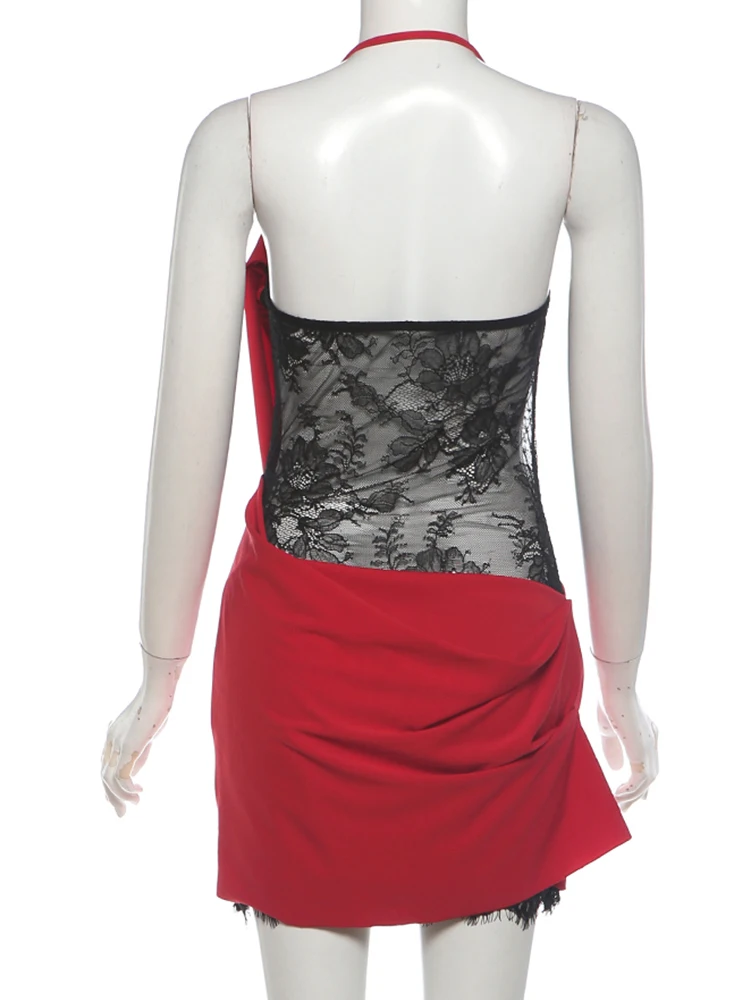 Weird Puss Spitzen-Patchwork-Kleid für Damen, Neckholder, tiefer Ausschnitt, Falten, rückenfrei, ärmellos, eng anliegend, hohe Elastizität, sexy, für Partys, figurbetont – Detail 5