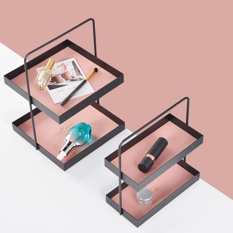 

1 Double-Layer Storage Rack, Metal Leather Pad Storage Tray, Entrance Key Storage Tray, Sundry Cosmetics Desktop Tray