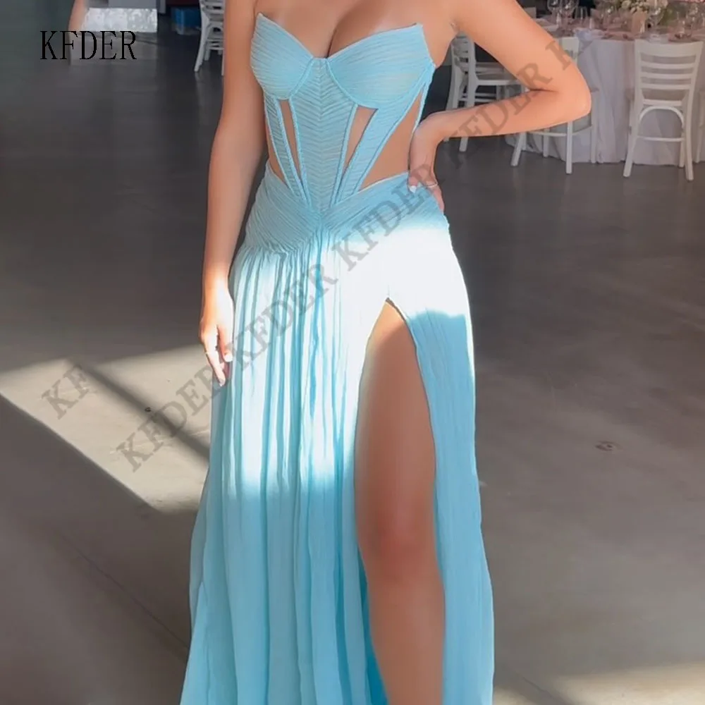 Vintage Sky Blue Prom Dresses Chiffon Vestidos De Boda Para Fiestas Sweetheart Illusion Evening Dress Women Customized